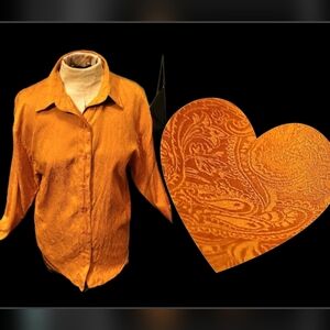 Vtg 90s Marnie West  orange paisley graphics button up long sleeve silk blouse S